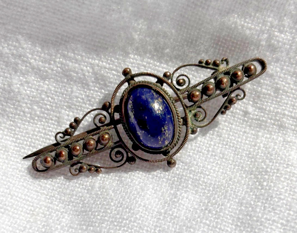 Lapis Lazuli Brooch 800 Silver Filigree Bar Pin Antique Victorian Blue Stone